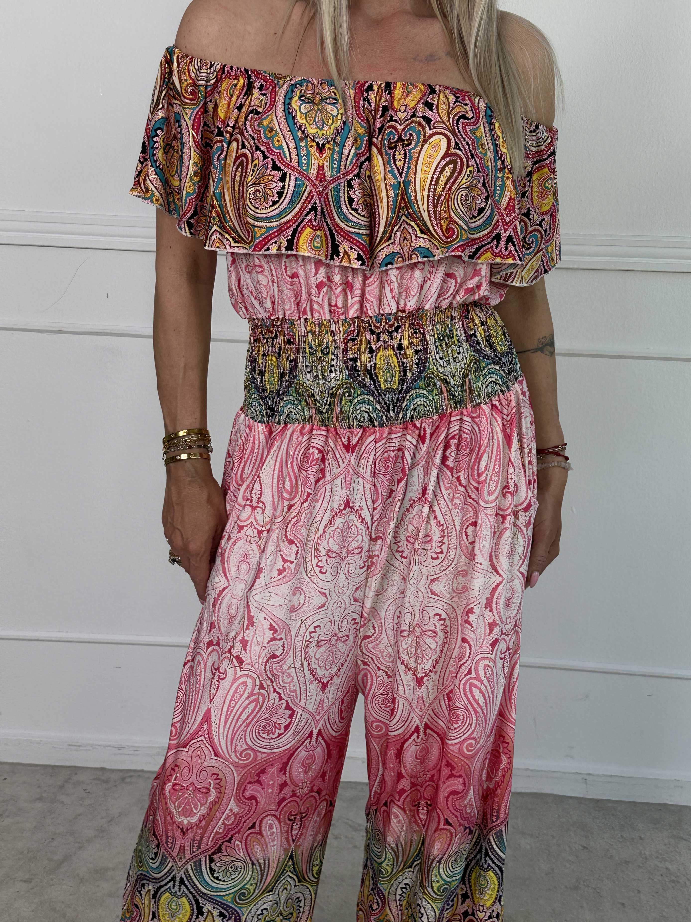 Pams Paisley Frill Jumpsuit - Elastisk jumpsuit med smock och volang